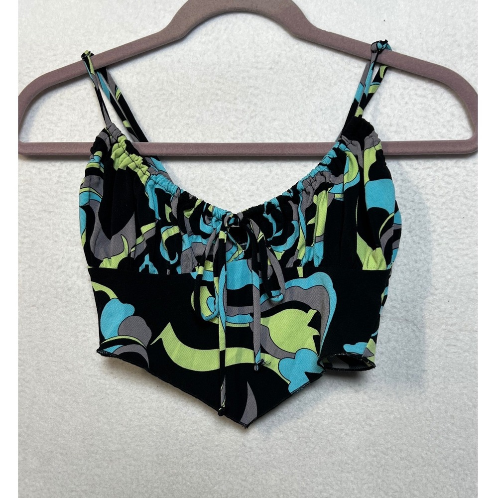 Urban‎ Outfitters XS Psychedelic Abstract Handkerchief Hem Crop Top Smocked Back